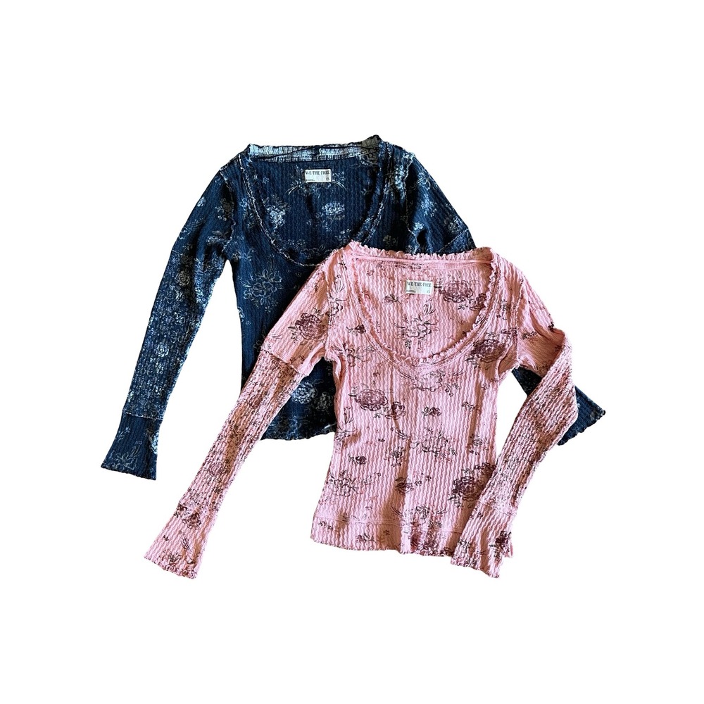 (2) Free People We The Free Clover Printed Thermal Top Bundle XS Navy Pink Boho